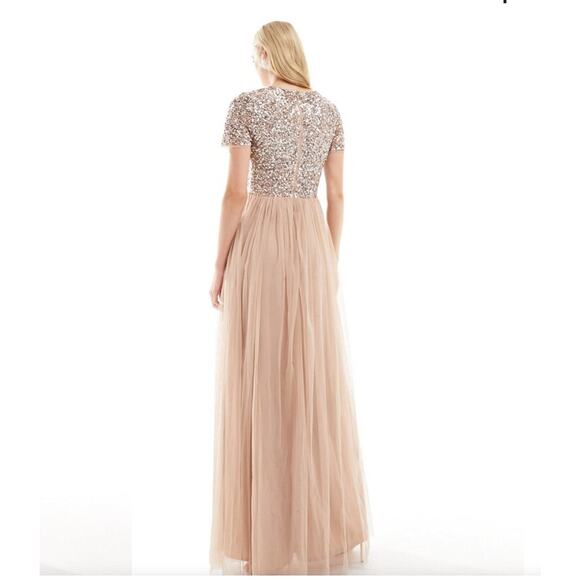 MAYA BRIDESMAID V-NECK MAXI TULLE DRESS NEW W TAGS SEQUIN TOP WOMEN SZ LARGE/14 - Picture 2 of 12